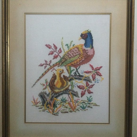 Vintage T.eaton Co wall art cross stich needlepoint embroidery framed pheasant - Picture 1 of 4